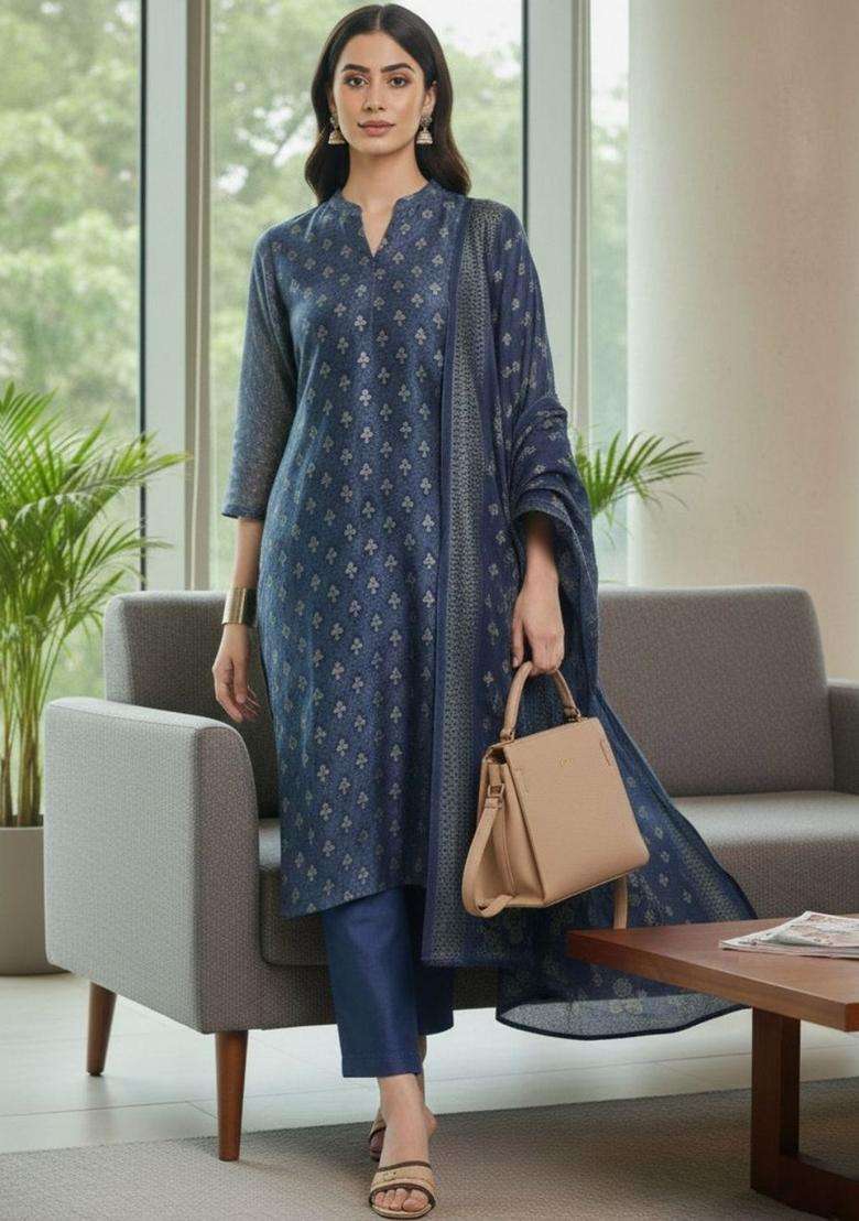 Navy Blue Printed Silk Kurta Set - Indya