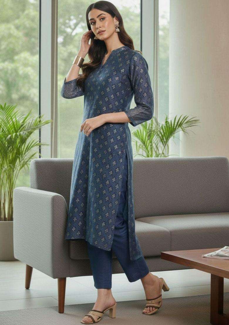 Navy Blue Printed Silk Kurta Set - Indya