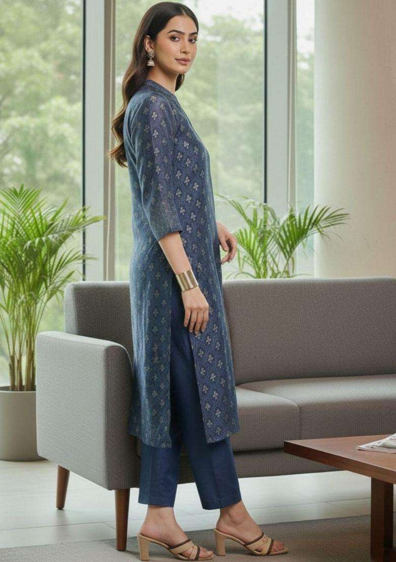 Navy Blue Printed Silk Kurta Set - Indya