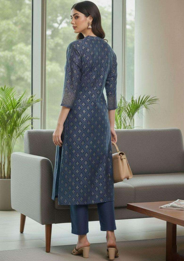 Navy Blue Printed Silk Kurta Set - Indya
