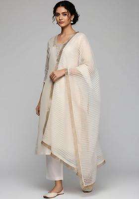 Off White Embroidery Silk Kurta Set