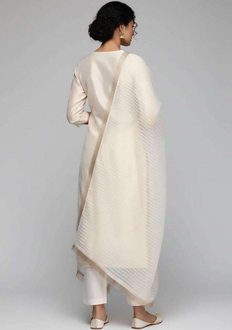 Off White Embroidery Silk Kurta Set - Indya