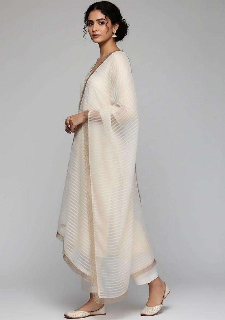 Off White Embroidery Silk Kurta Set - Indya