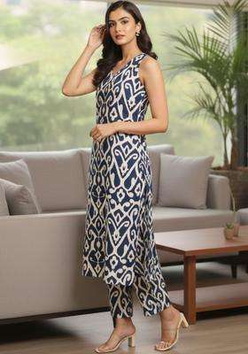 Navy Blue Printed Cotton Kurta Set