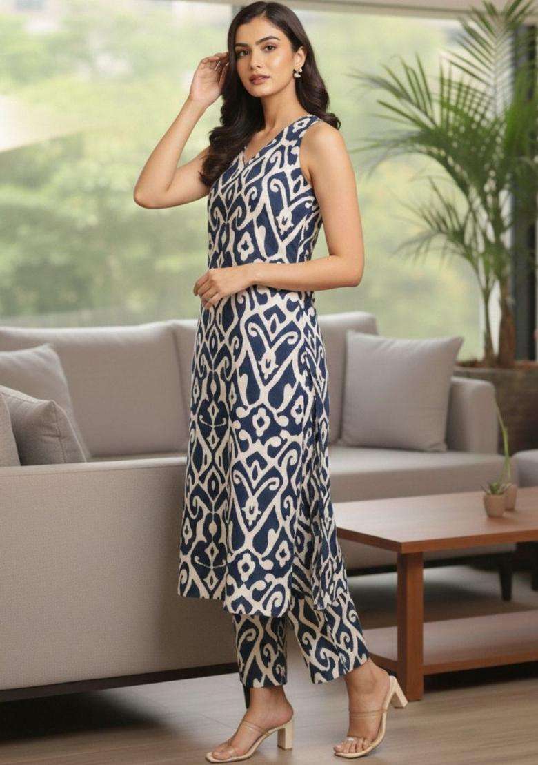 Navy Blue Printed Cotton Kurta Set - Indya