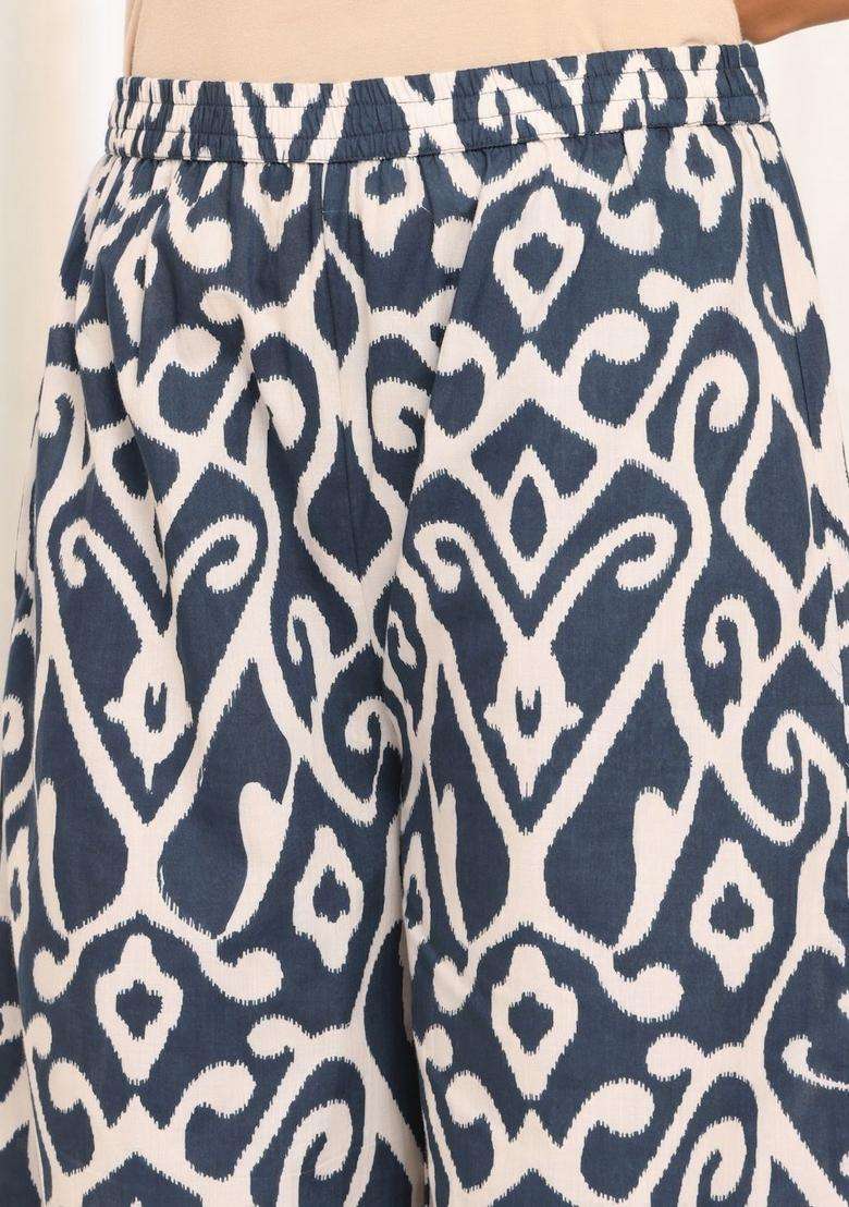 Navy Blue Printed Cotton Kurta Set - Indya