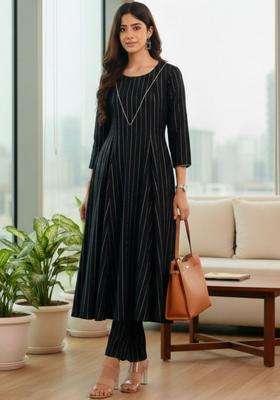 Black Printed Silk Kurta Set