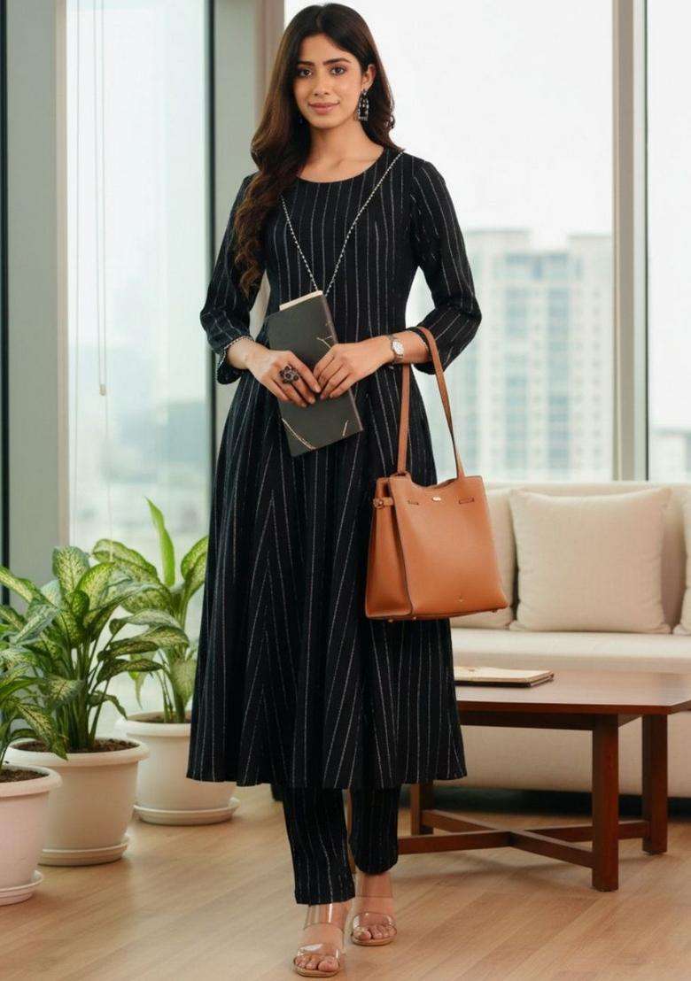 Black Printed Silk Kurta Set - Indya