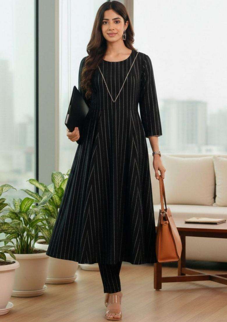Black Printed Silk Kurta Set - Indya