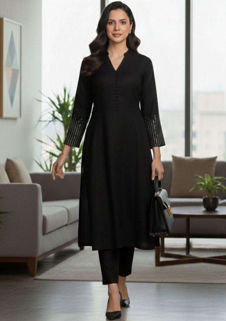 Black Printed Cotton Kurta Set - Indya