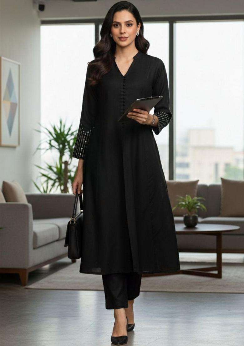 Black Printed Cotton Kurta Set - Indya