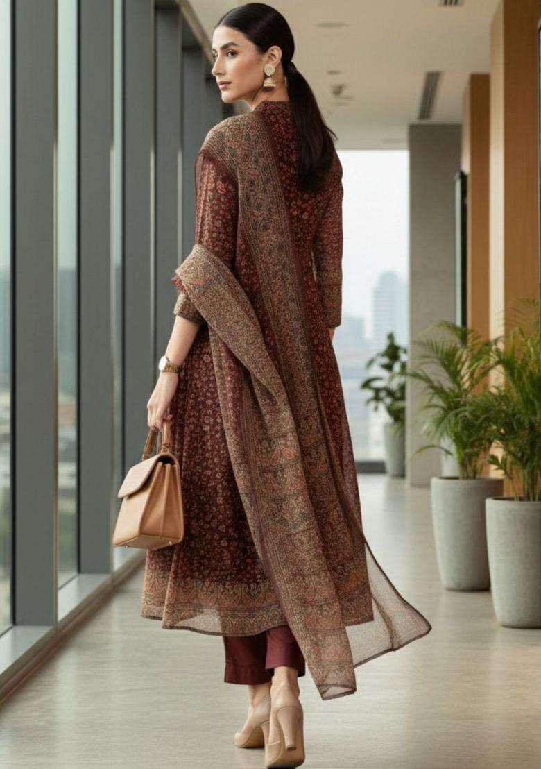 Maroon Printed Silk Kurta Set - Indya