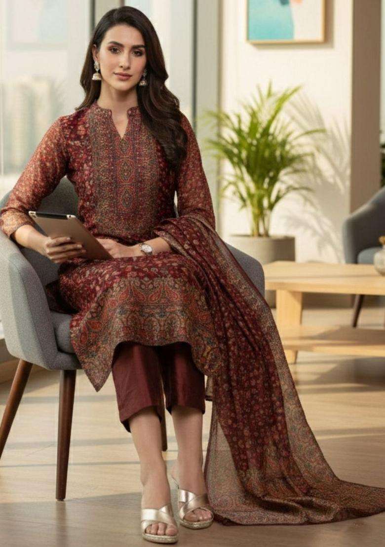 Maroon Printed Silk Kurta Set - Indya