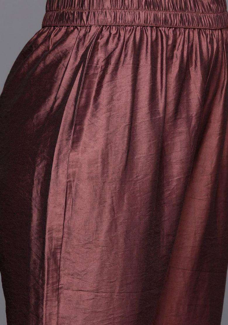 Maroon Printed Silk Kurta Set - Indya