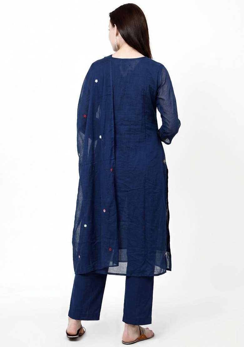 Blue Embroidery Cotton Kurta Set - Indya