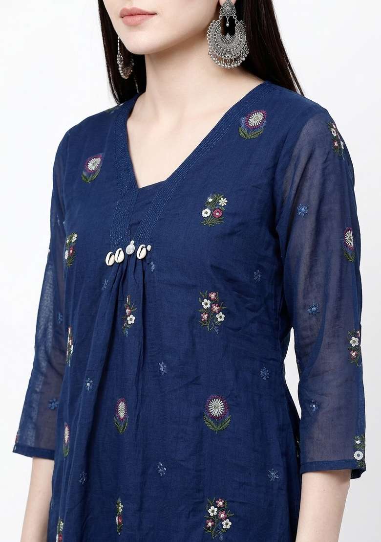 Blue Embroidery Cotton Kurta Set - Indya