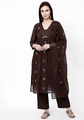 Brown Embroidery Cotton Kurta Set