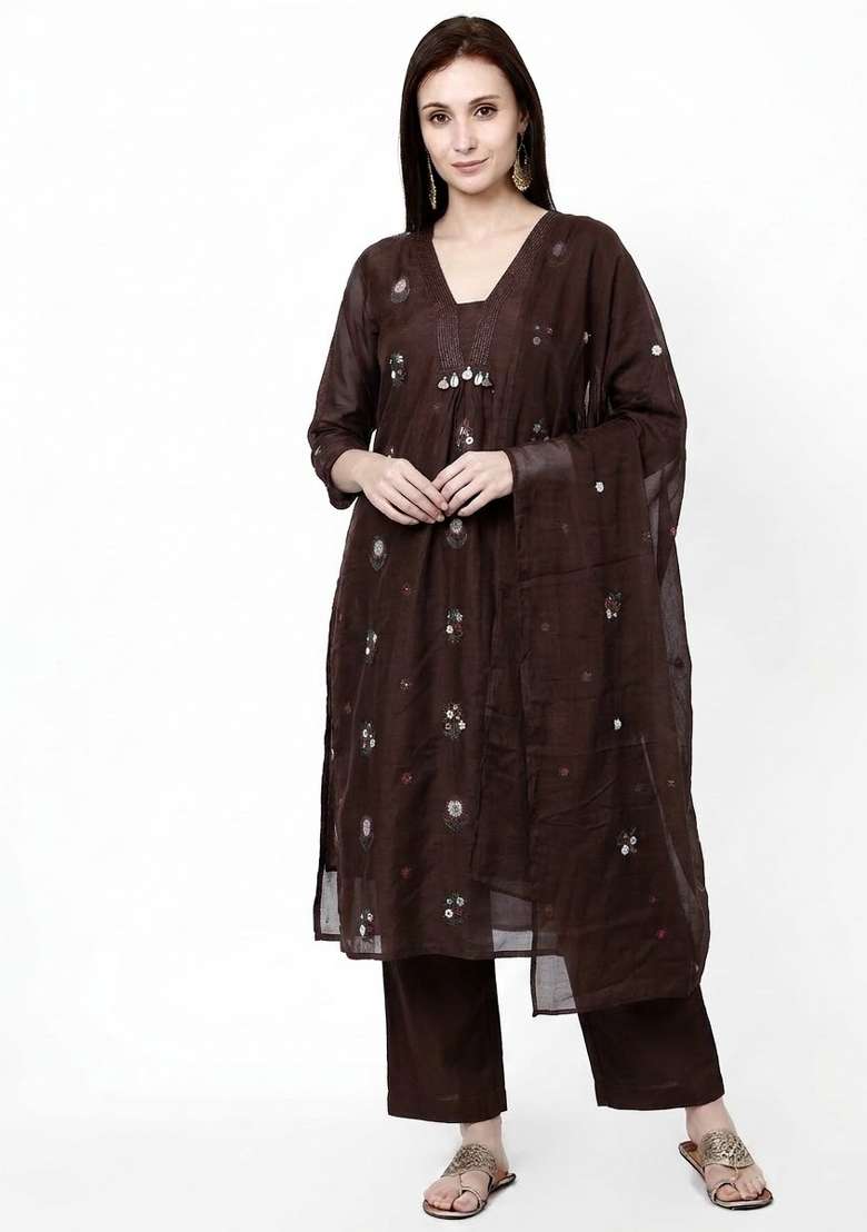 Brown Embroidery Cotton Kurta Set - Indya