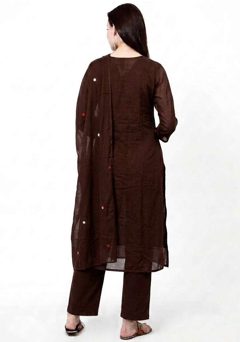 Brown Embroidery Cotton Kurta Set - Indya