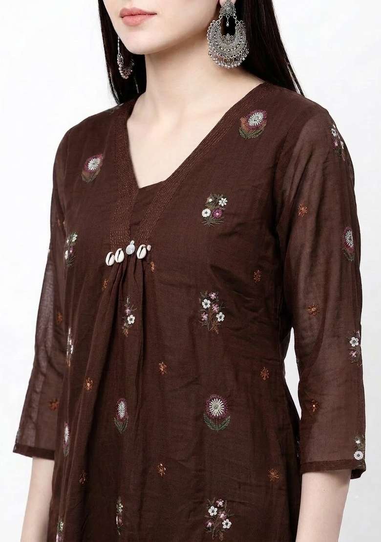 Brown Embroidery Cotton Kurta Set - Indya
