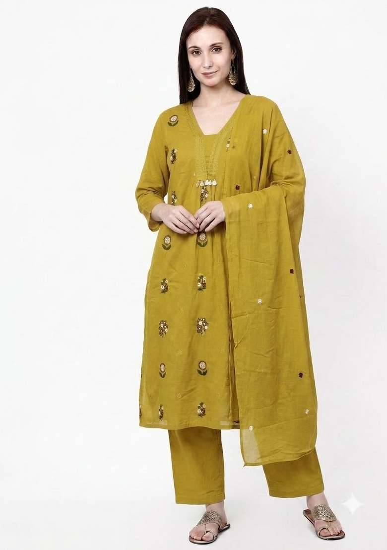 Lime Embroidery Cotton Kurta Set - Indya