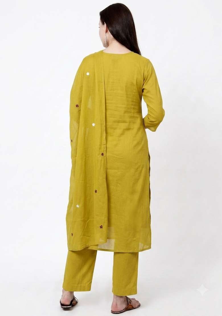 Lime Embroidery Cotton Kurta Set - Indya