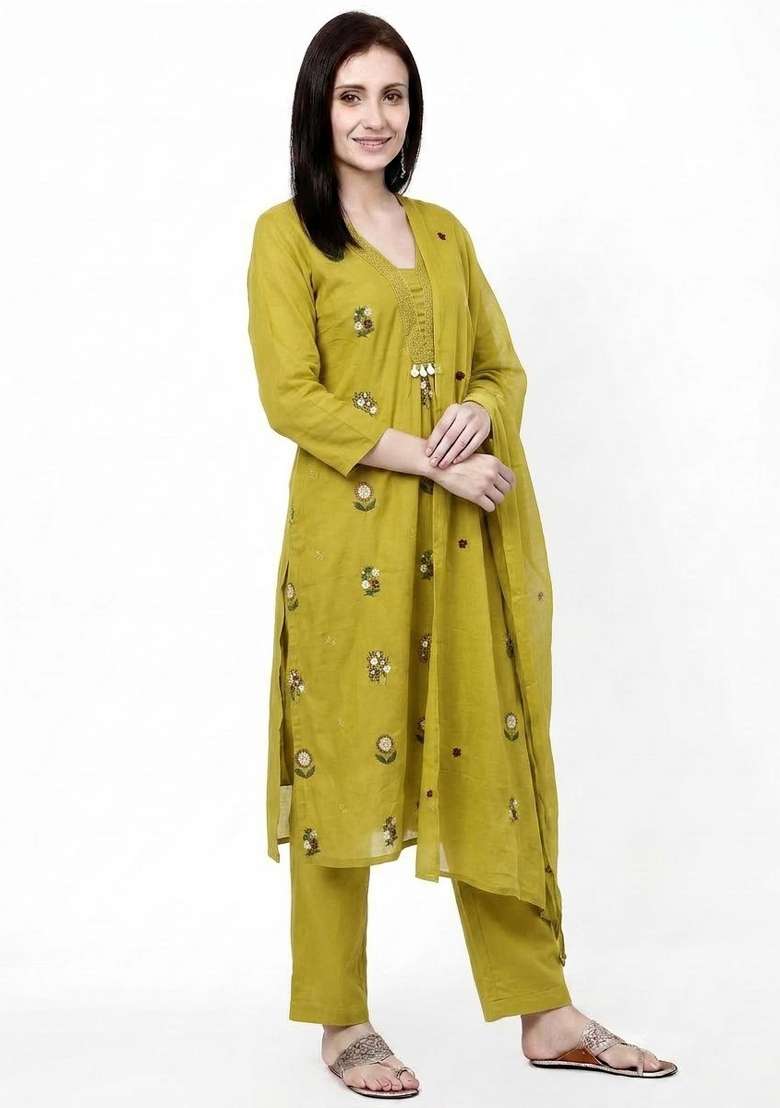 Lime Embroidery Cotton Kurta Set - Indya