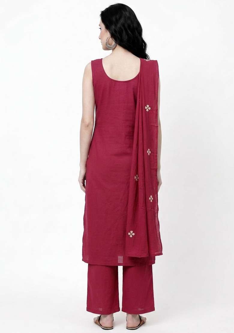 Pink Embroidery Cotton Kurta Set - Indya