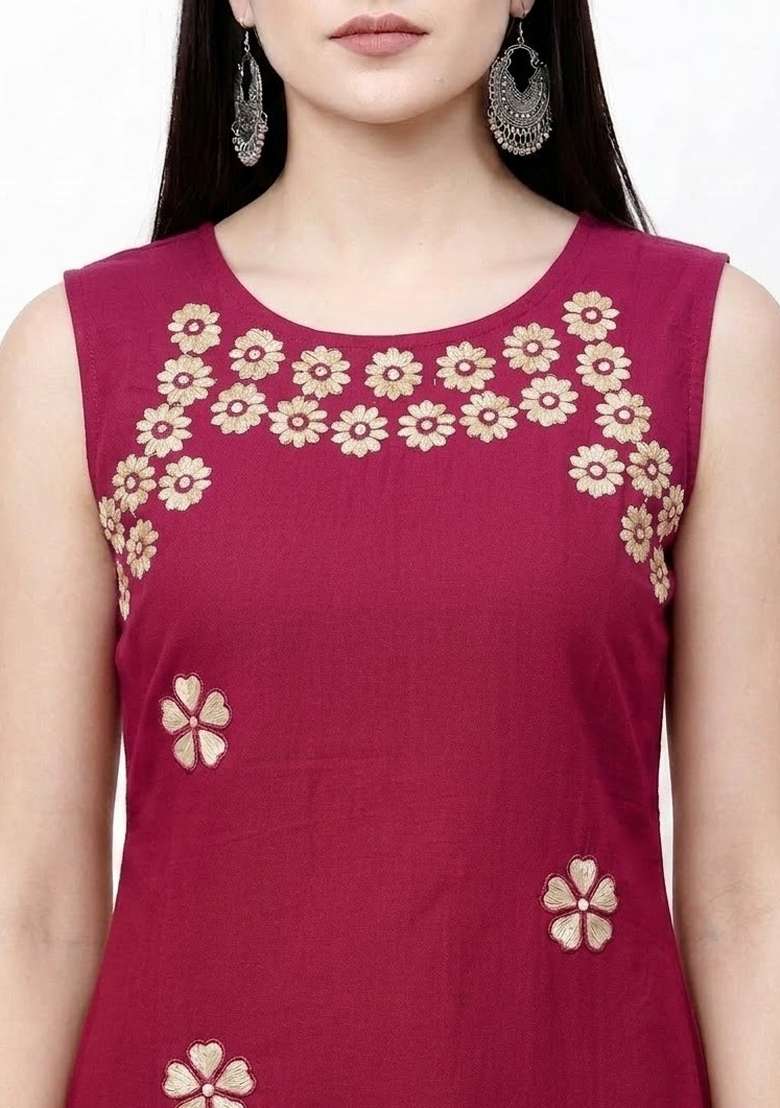 Pink Embroidery Cotton Kurta Set - Indya