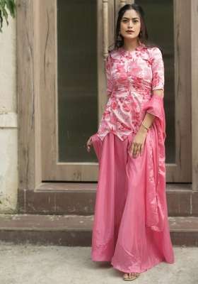 Pink Embroidery Chinon Palazzo Set