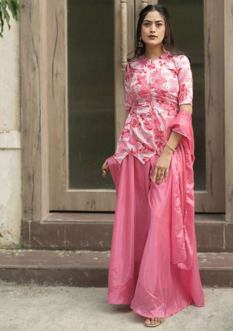 Pink Embroidery Chinon Palazzo Set - Indya