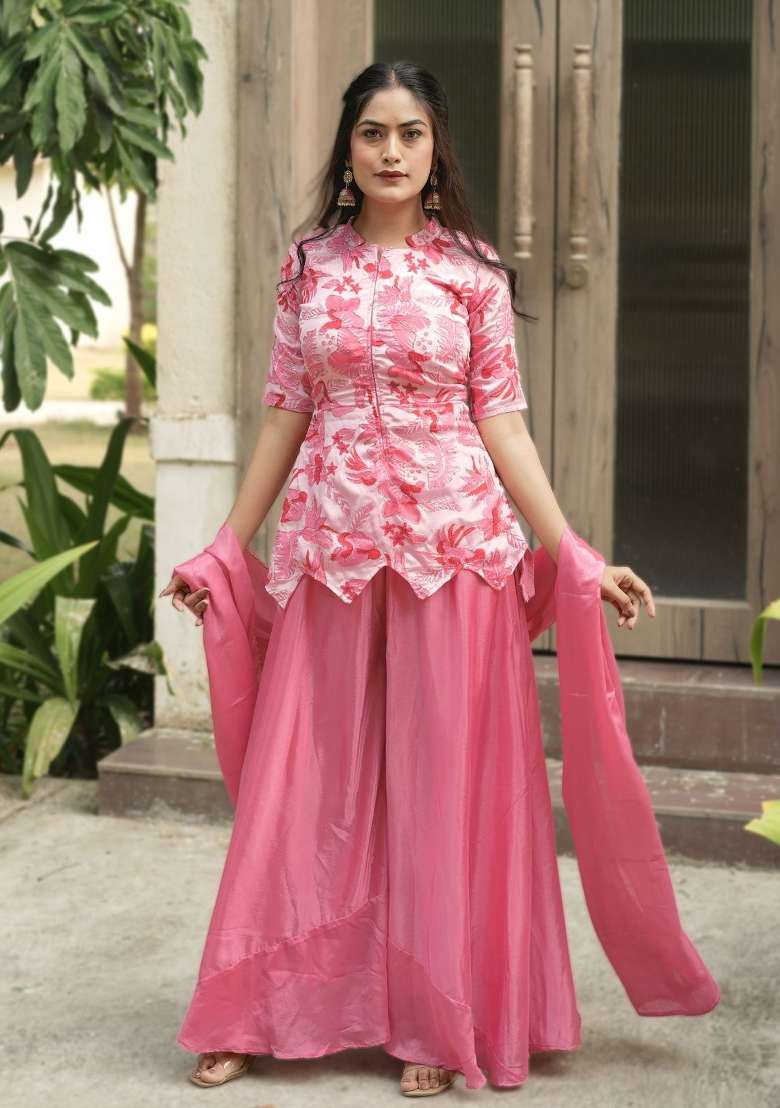 Pink Embroidery Chinon Palazzo Set - Indya