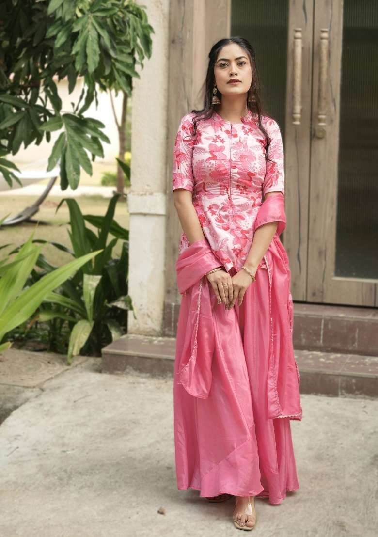 Pink Embroidery Chinon Palazzo Set - Indya