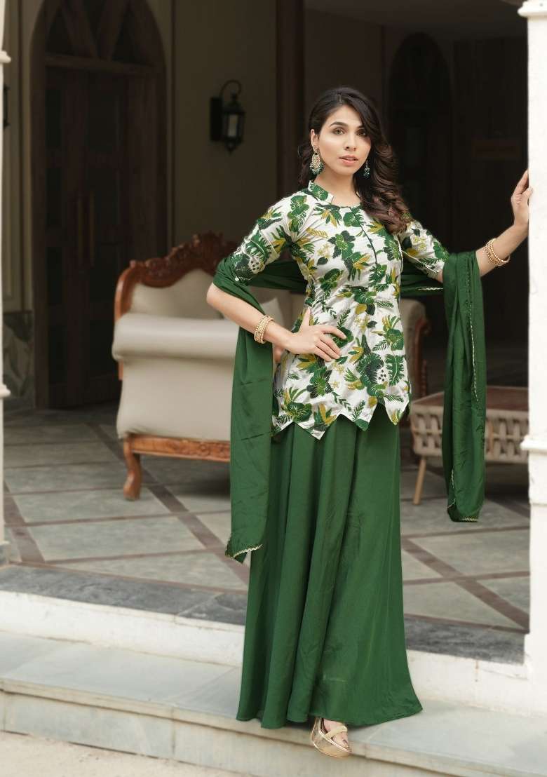 Green Embroidery Chinon Palazzo Set - Indya