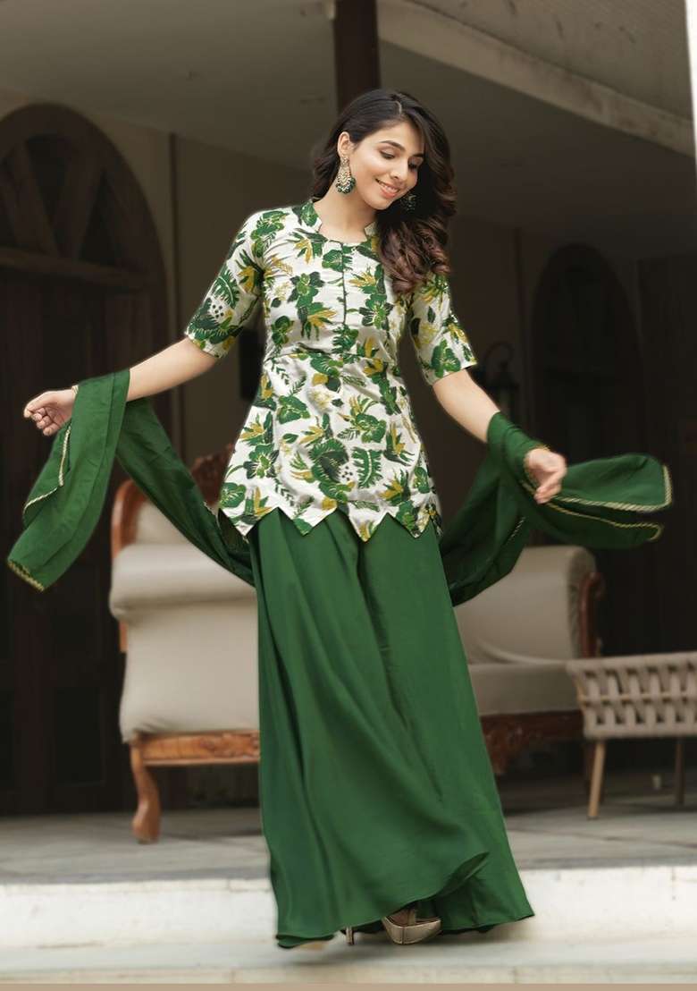Green Embroidery Chinon Palazzo Set - Indya