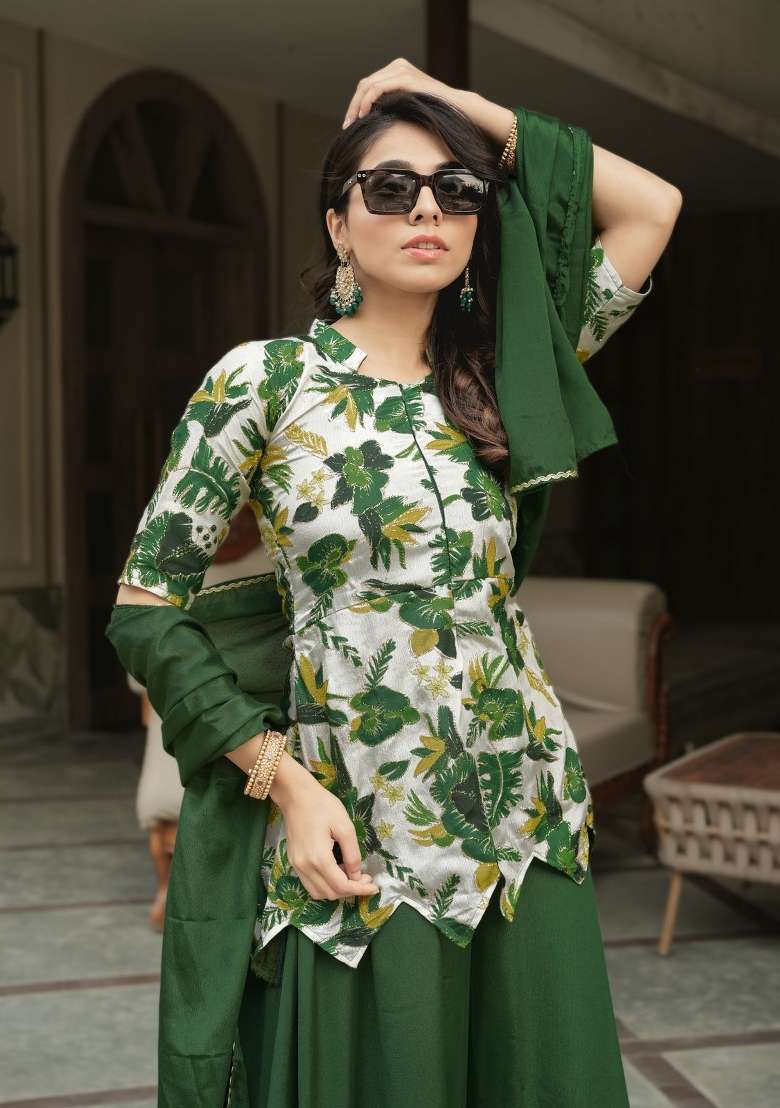 Green Embroidery Chinon Palazzo Set - Indya