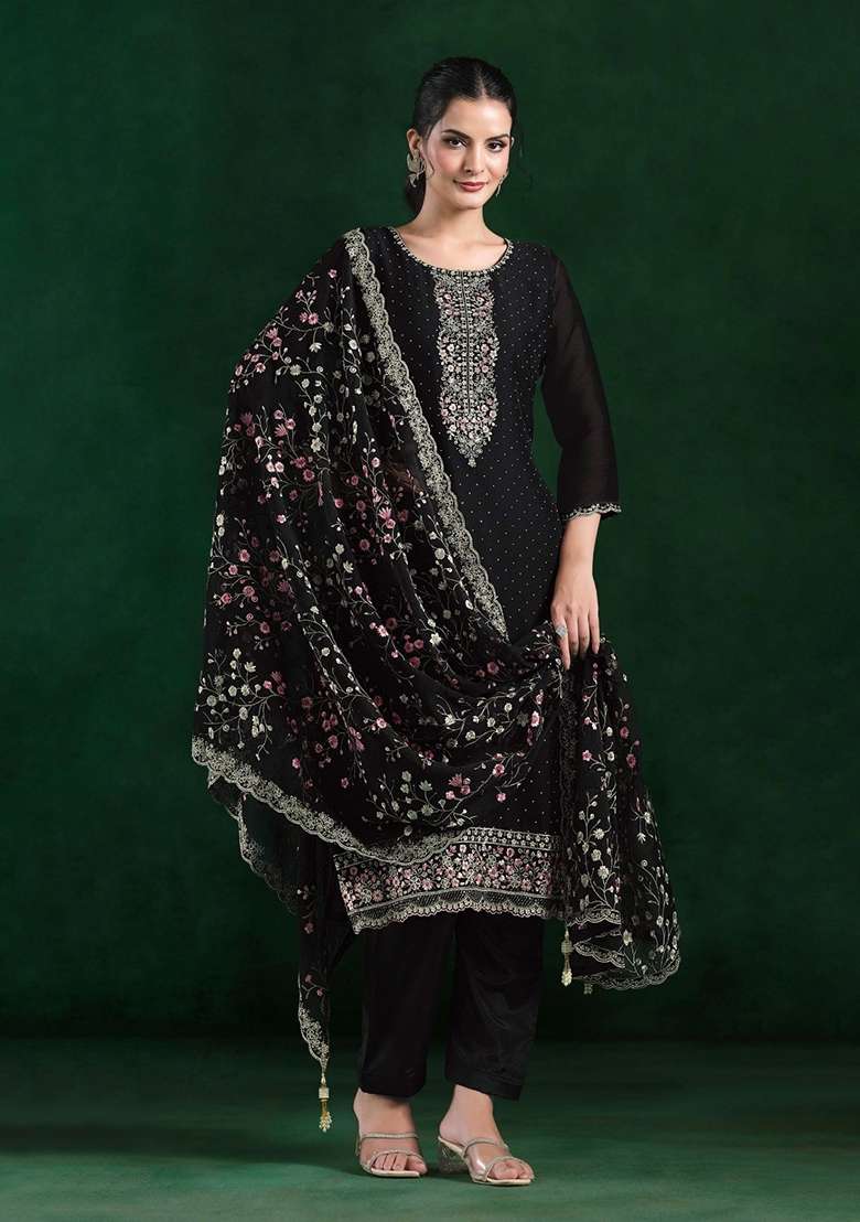 Black Embroidery Chiffon Kurta Set - Indya