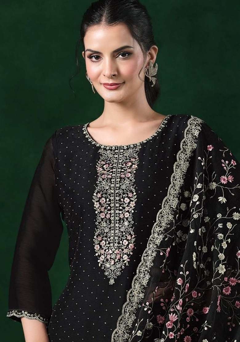 Black Embroidery Chiffon Kurta Set - Indya