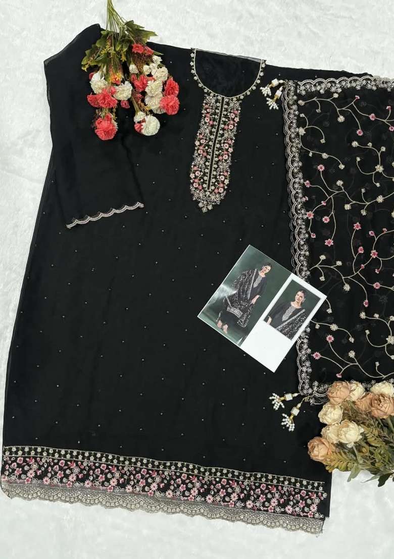 Black Embroidery Chiffon Kurta Set - Indya