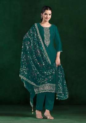 Teal Green Embroidery Chiffon Kurta Set