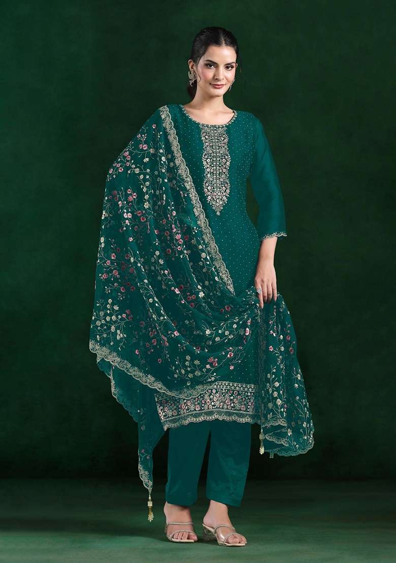 Teal Green Embroidery Chiffon Kurta Set - Indya