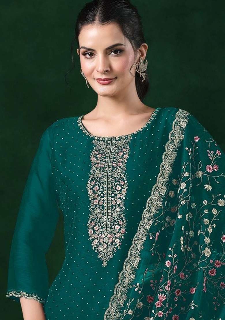 Teal Green Embroidery Chiffon Kurta Set - Indya