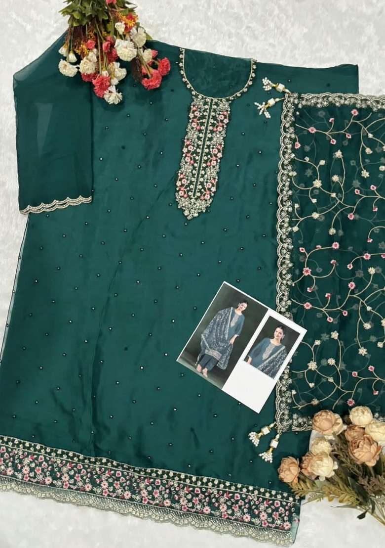 Teal Green Embroidery Chiffon Kurta Set - Indya