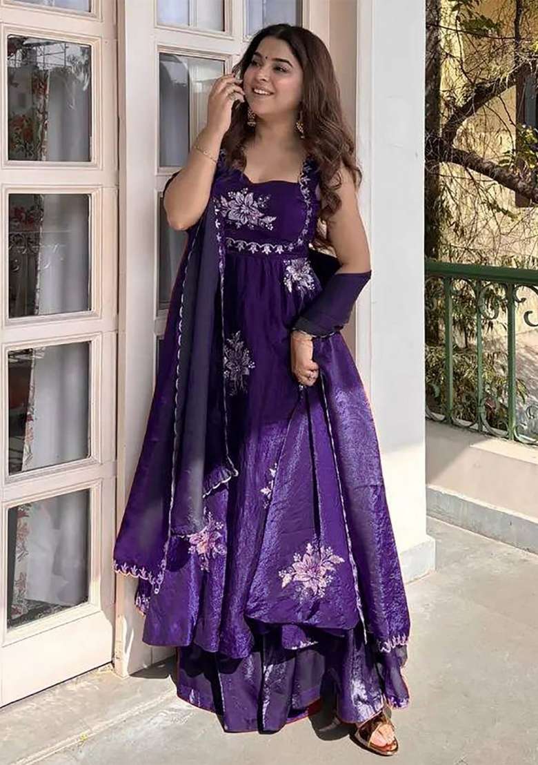 Purple Embroidery Silk Kurta Set - Indya