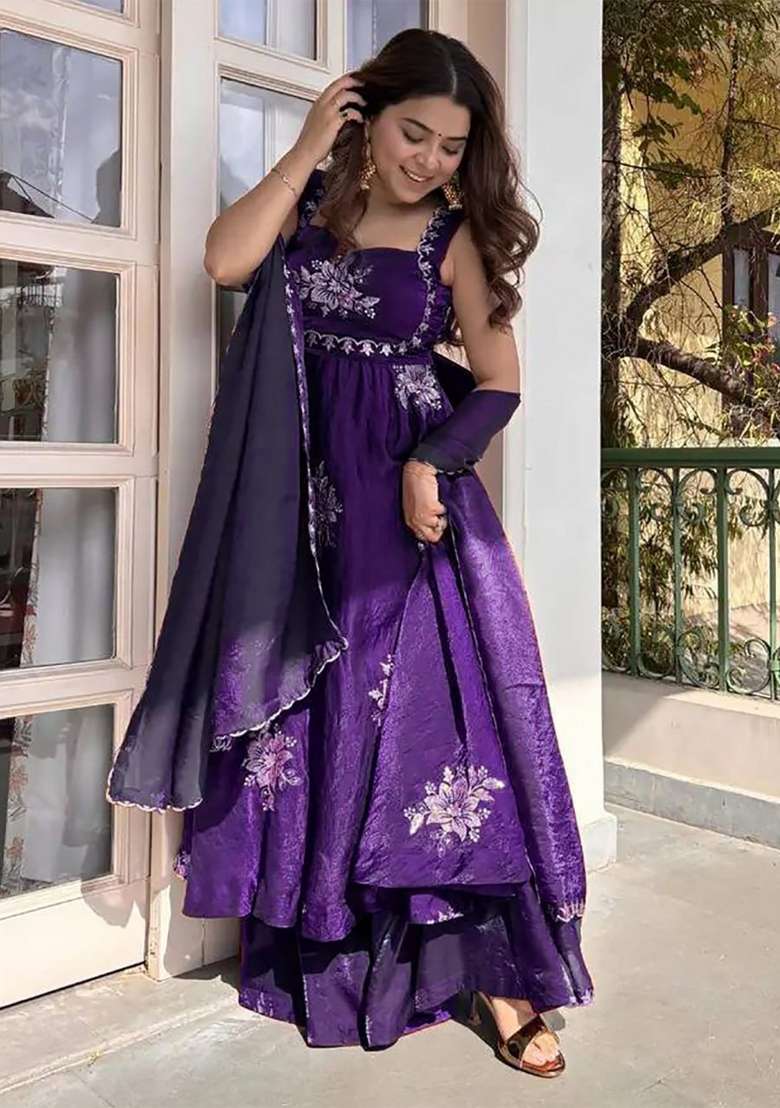 Purple Embroidery Silk Kurta Set - Indya