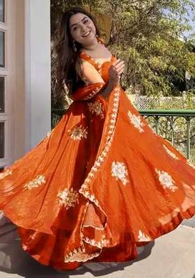 Orange Embroidery Silk Kurta Set
