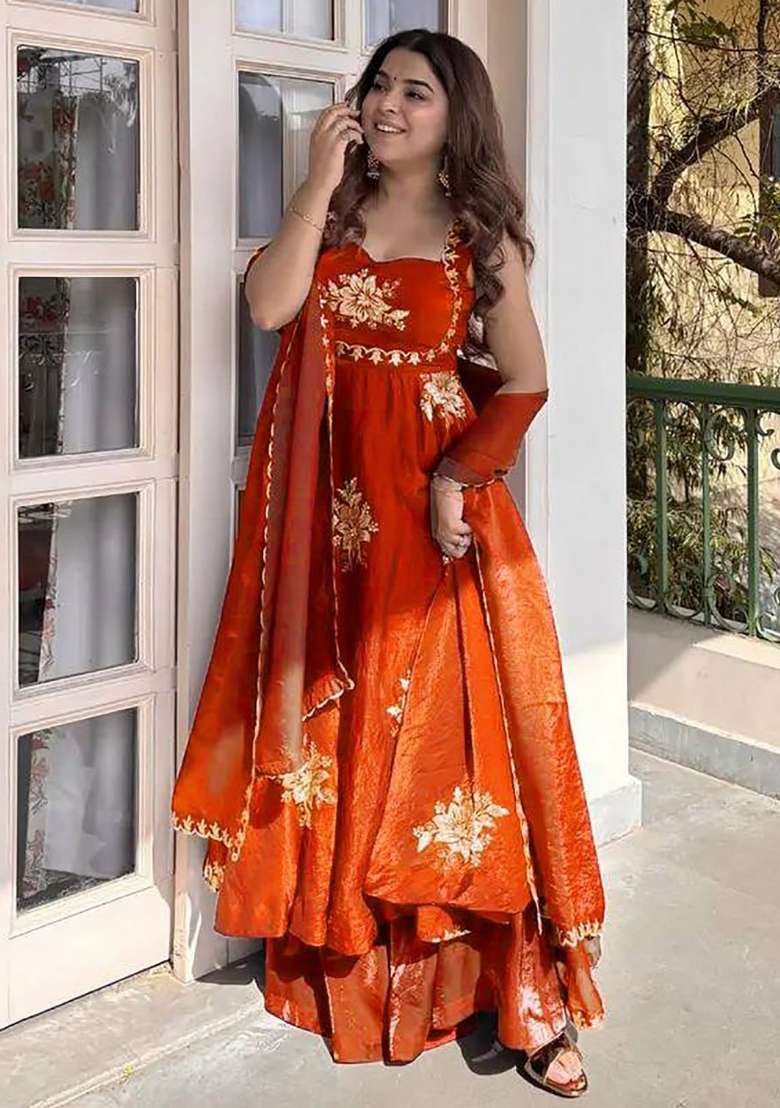 Orange Embroidery Silk Kurta Set - Indya