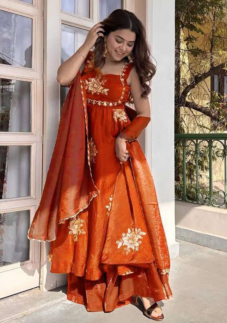 Orange Embroidery Silk Kurta Set - Indya