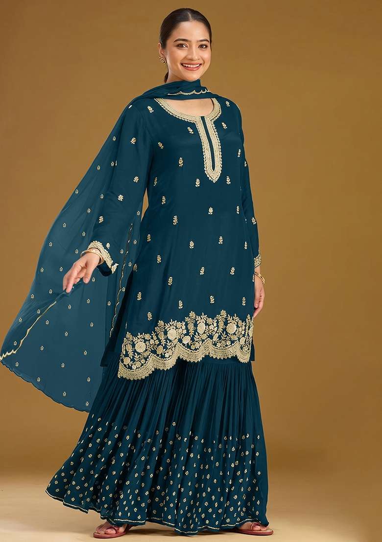 Teal Blue Embroidery Georgette Kurta Set - Indya