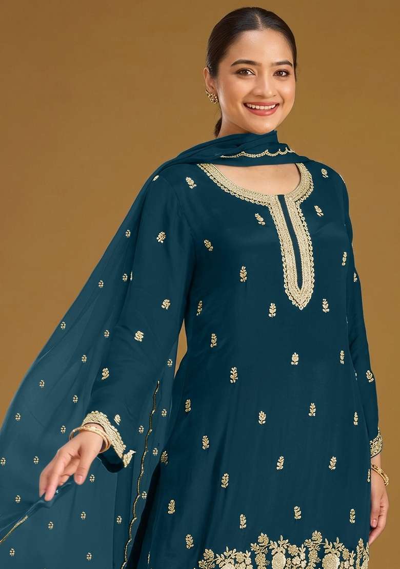 Teal Blue Embroidery Georgette Kurta Set - Indya
